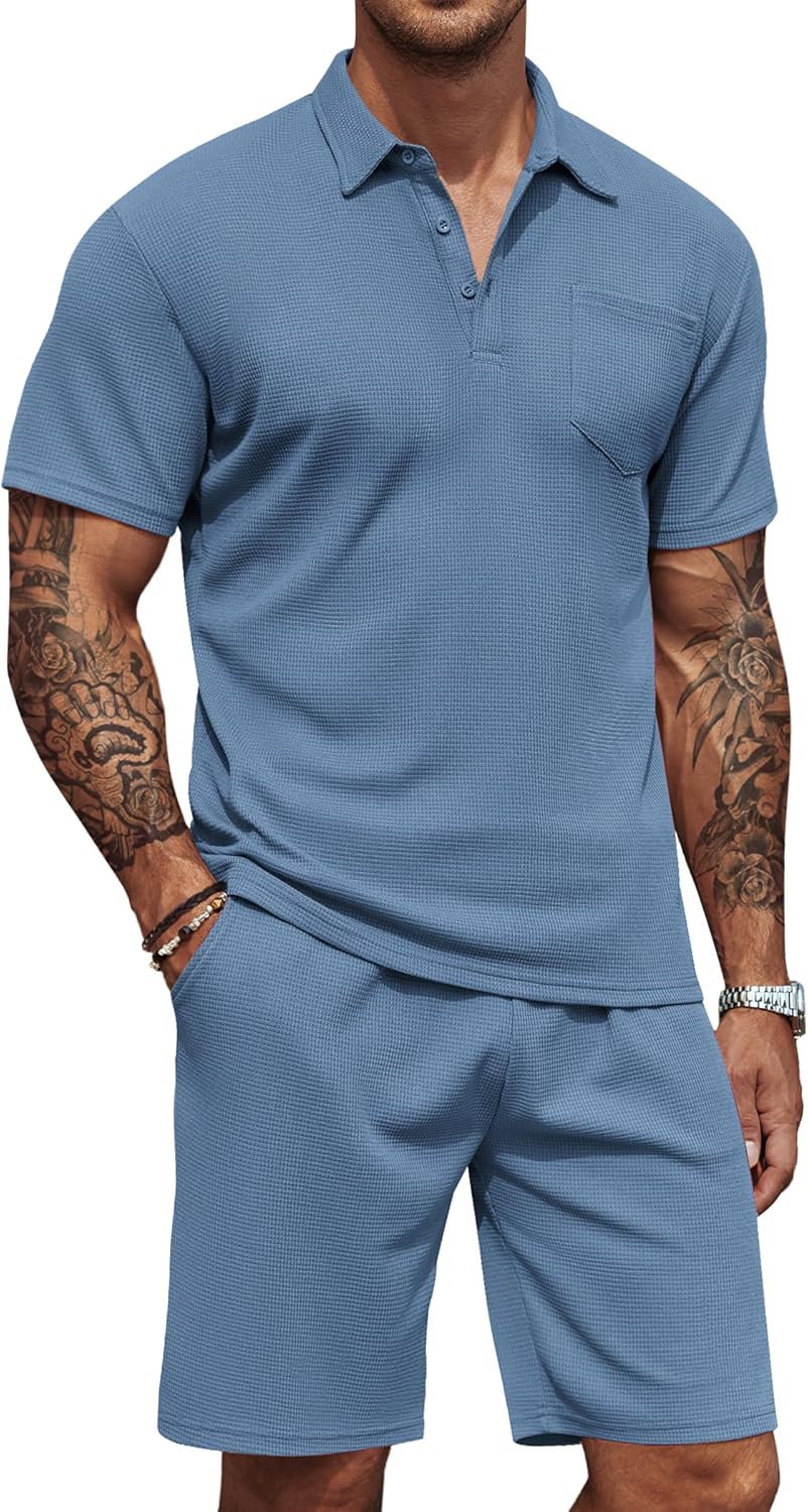 Men's Waffle Knit Polo Shirt and Shorts Two-Piece Summer Set Casual Sportswear