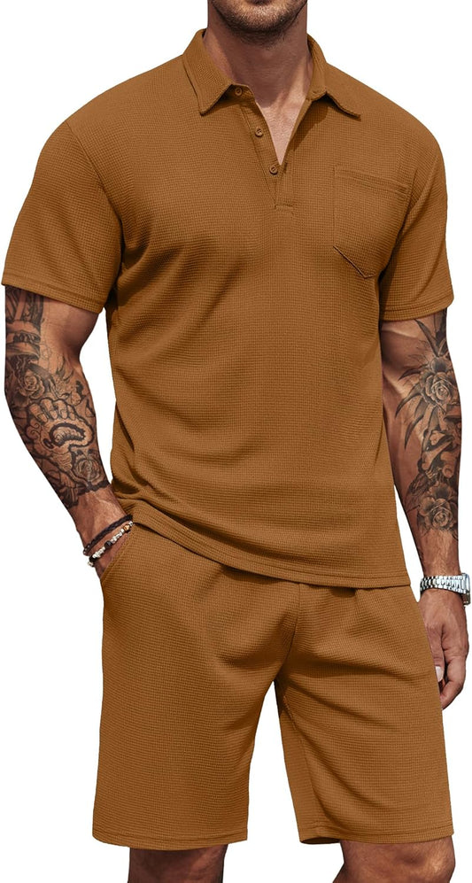 Men's Waffle Knit Polo Shirt and Shorts Two-Piece Summer Set Casual Sportswear