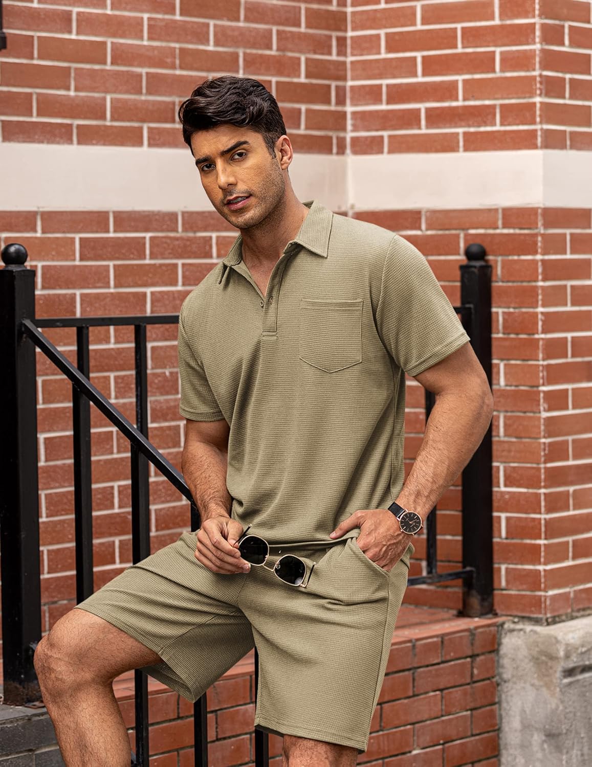 Men's Waffle Knit Polo Shirt and Shorts Two-Piece Summer Set Casual Sportswear