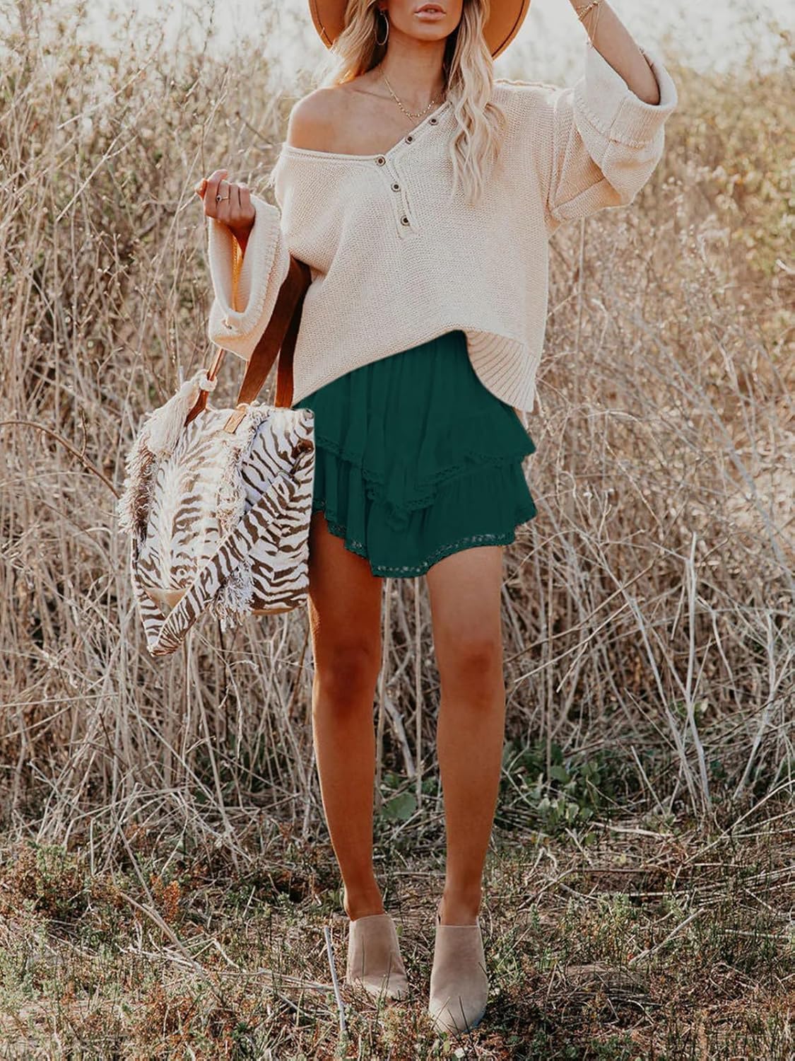 Flowy Shorts for Women Casual Boho Ruffle Tiered Skorts High Waist Mini Skirts Golf Tennis Crochet Shorts