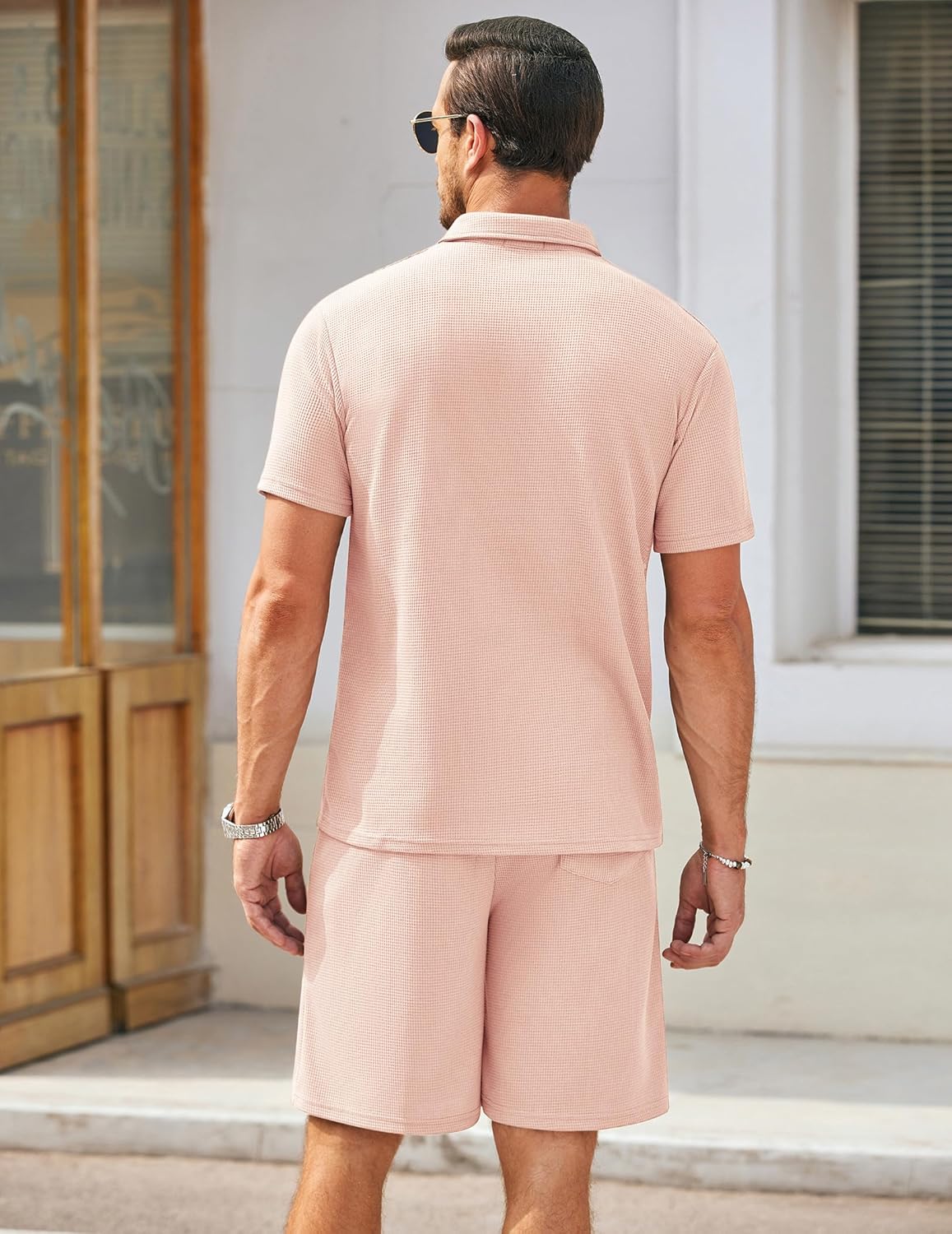 Men's Waffle Knit Polo Shirt and Shorts Two-Piece Summer Set Casual Sportswear