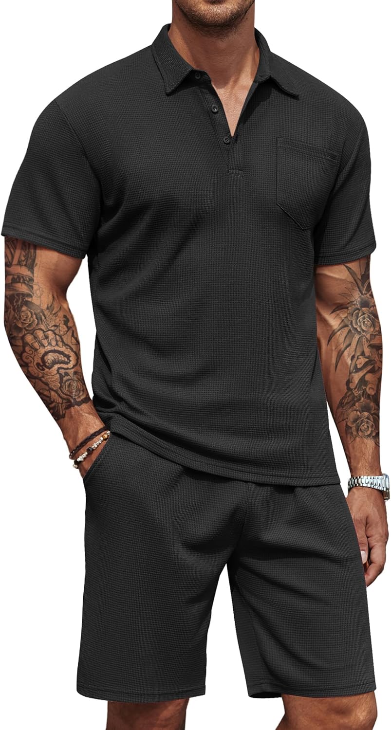 Men's Waffle Knit Polo Shirt and Shorts Two-Piece Summer Set Casual Sportswear