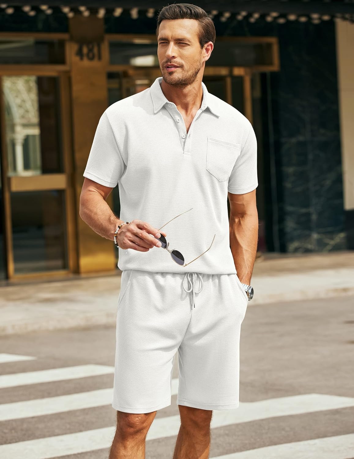Men's Waffle Knit Polo Shirt and Shorts Two-Piece Summer Set Casual Sportswear