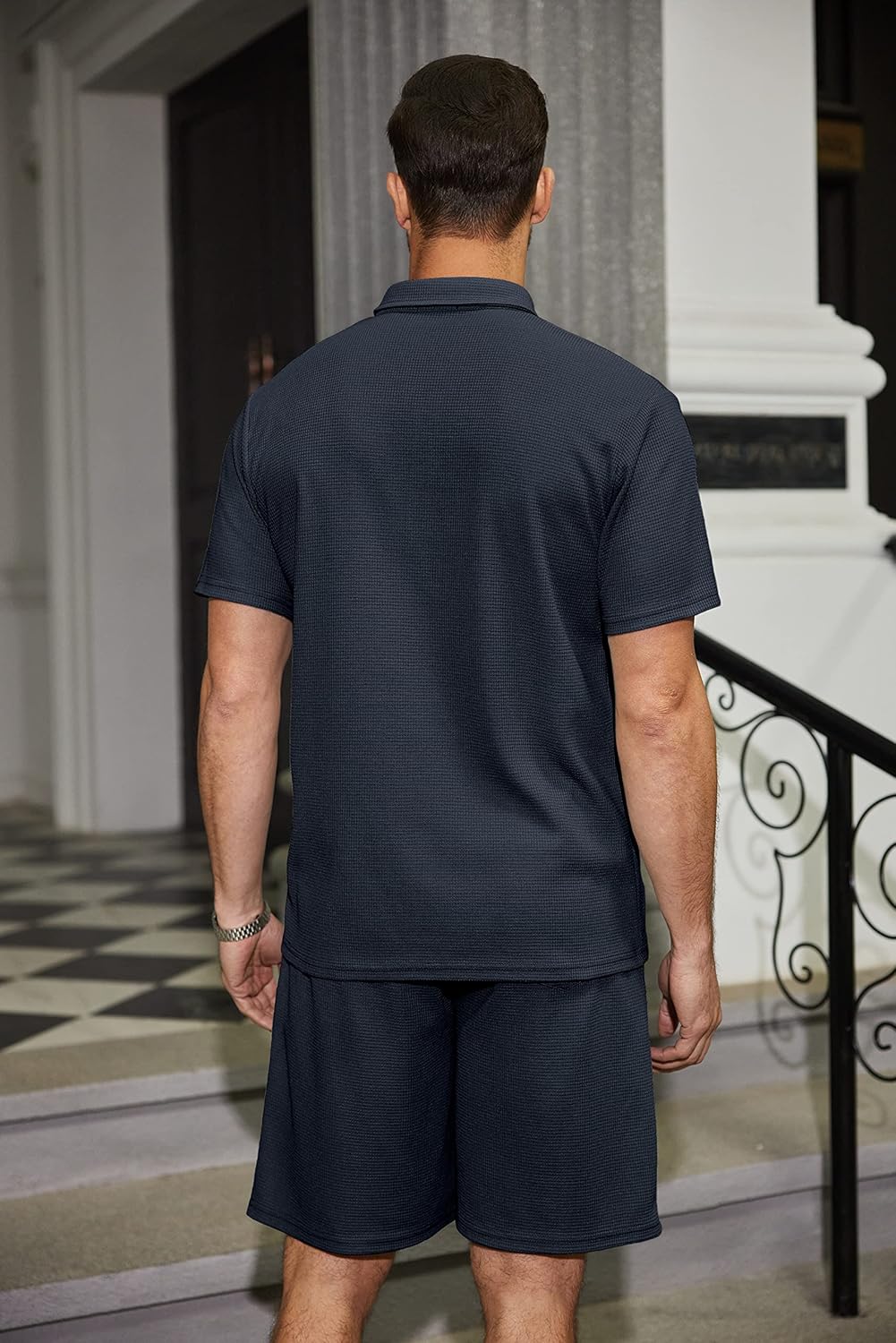 Men's Waffle Knit Polo Shirt and Shorts Two-Piece Summer Set Casual Sportswear