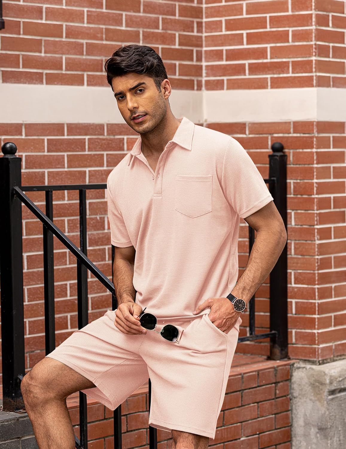 Men's Waffle Knit Polo Shirt and Shorts Two-Piece Summer Set Casual Sportswear
