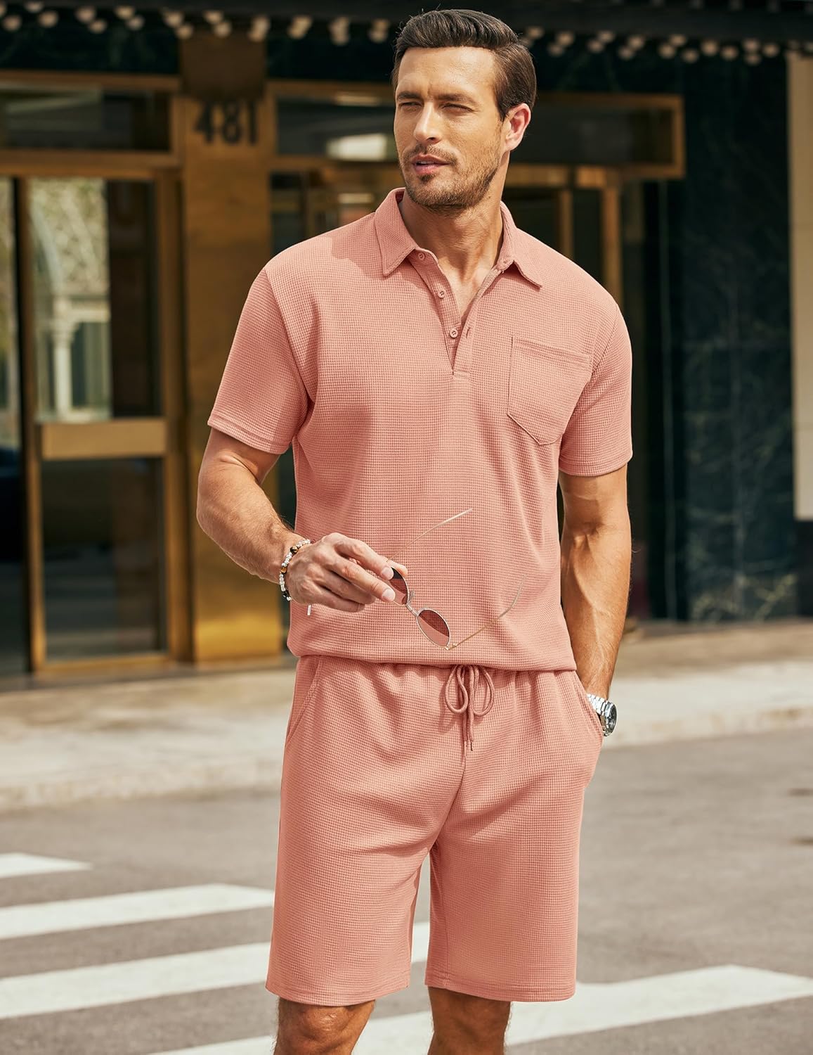 Men's Waffle Knit Polo Shirt and Shorts Two-Piece Summer Set Casual Sportswear