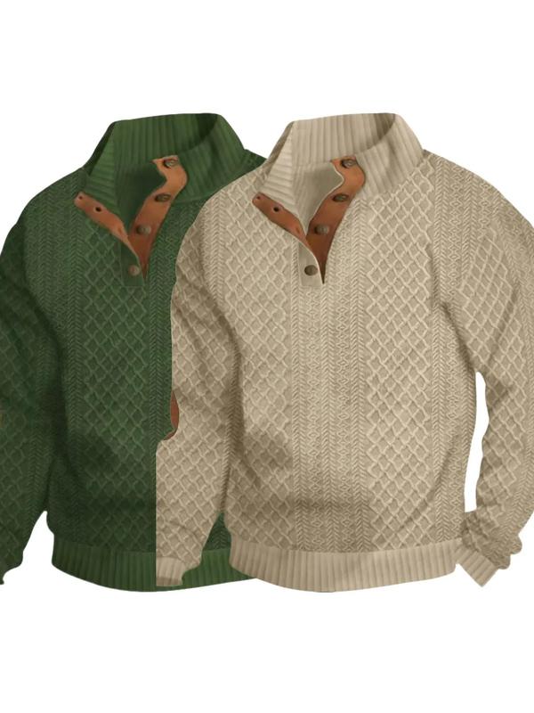 Men's Colorblock Patchwork Jacquard Button Front Sweatshirt, Regular Fit Casual Long Sleeve Stand Collar Sweatshirt for Fall & Winter, Fashion Men's Knitwear for Daily Wear