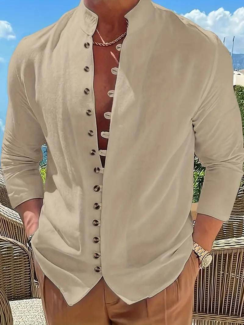 Langärmliges Leinenhemd mit Mandarinkragen und Knopfleiste