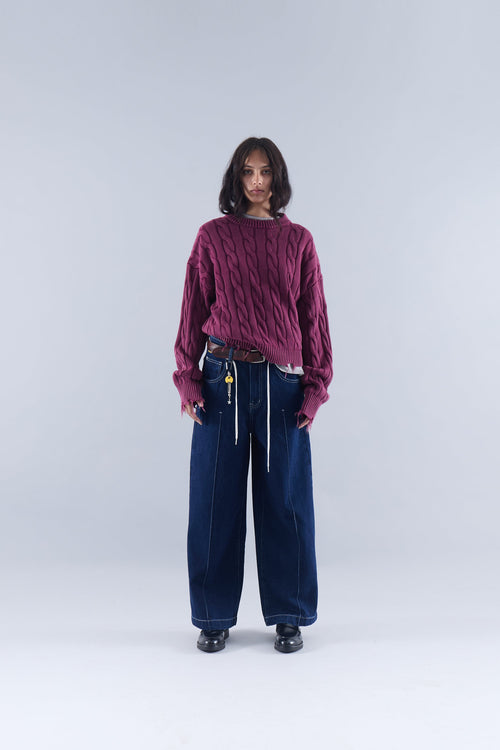 CABLE KNIT DISTRESSED SWEATER