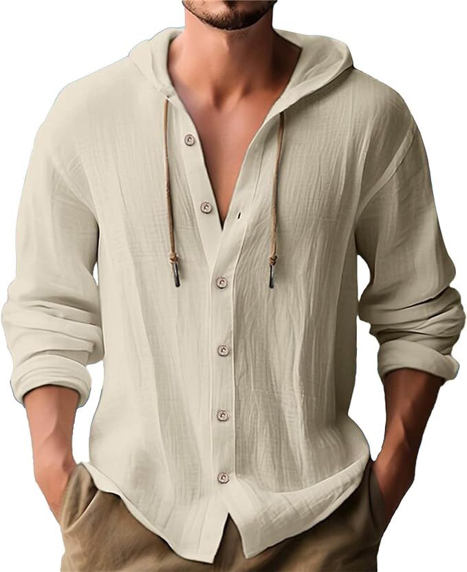 Men'S Hooded T-Shirt Solid Color Cotton Linen Casual Long-Sleeved Top