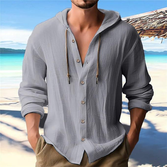 Men'S Hooded T-Shirt Solid Color Cotton Linen Casual Long-Sleeved Top