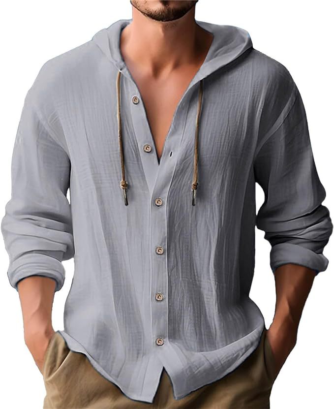 Men'S Hooded T-Shirt Solid Color Cotton Linen Casual Long-Sleeved Top