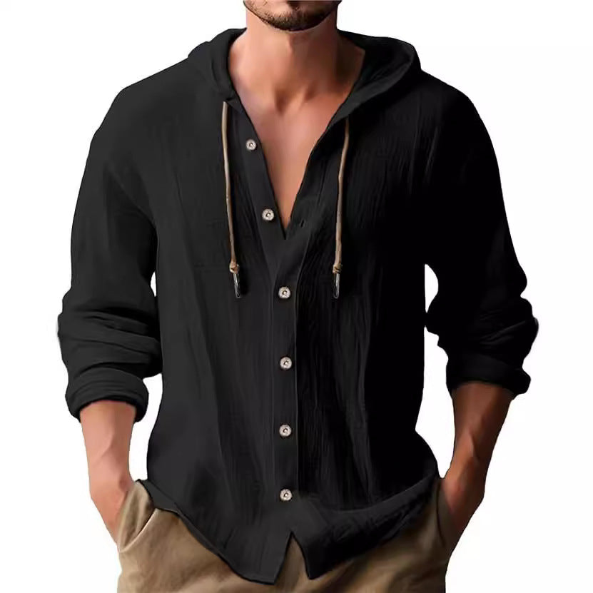 Men'S Hooded T-Shirt Solid Color Cotton Linen Casual Long-Sleeved Top