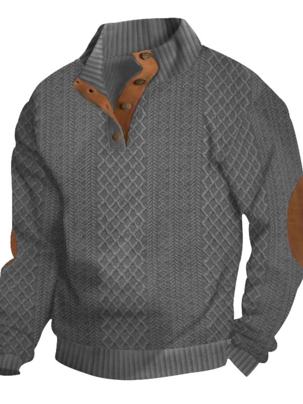 Men's Colorblock Patchwork Jacquard Button Front Sweatshirt, Regular Fit Casual Long Sleeve Stand Collar Sweatshirt for Fall & Winter, Fashion Men's Knitwear for Daily Wear